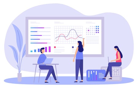 Une illustration qui met en avant 3 personnes qui travaille sur un tableau et qui échangent sur les solutions qui s'offrent à eux et cadre un besoin. 